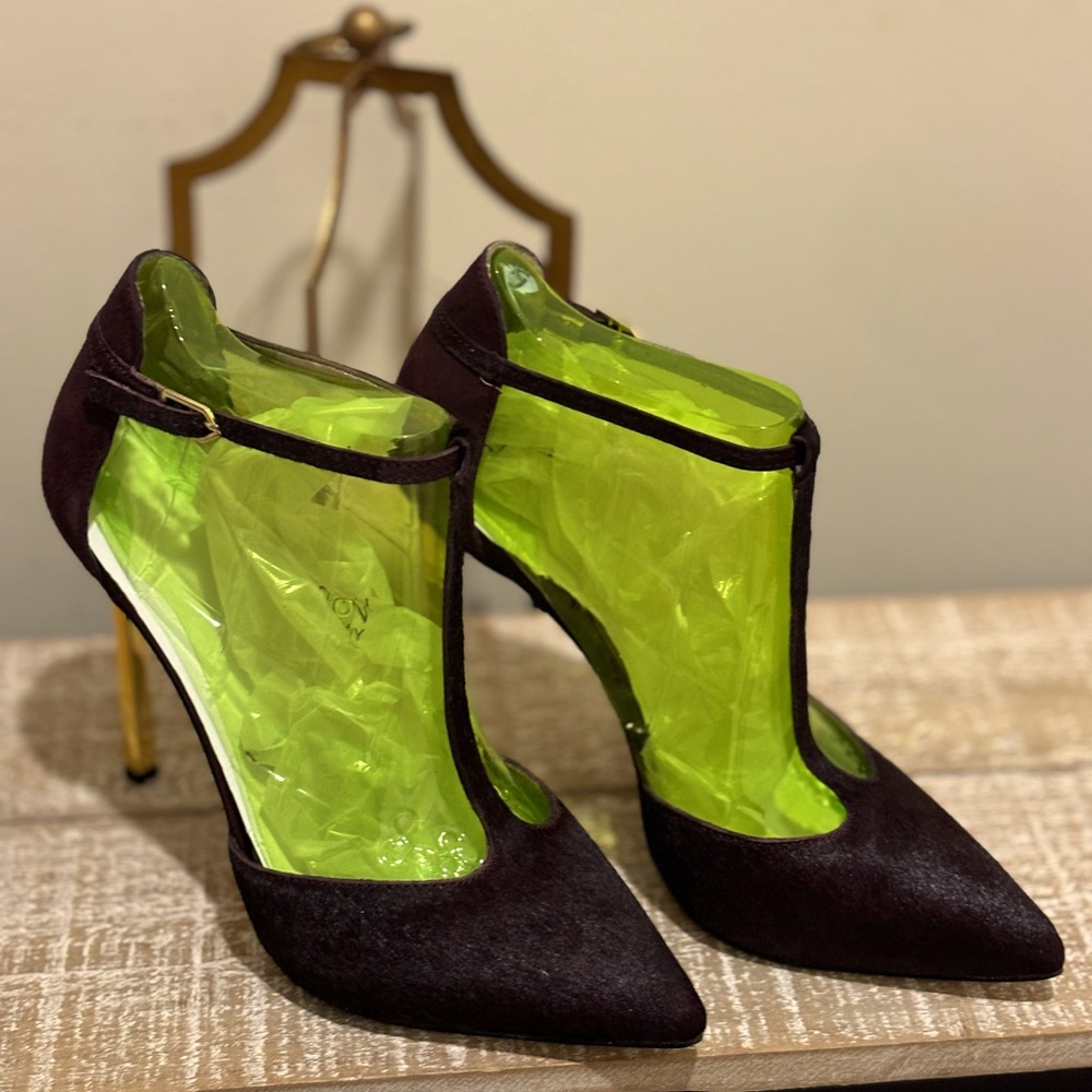 WOMENS SAM EDELMAN SMITHFIELD BURGUNDY T-STRAP CALF HAIR STILETTO HEELS 8**